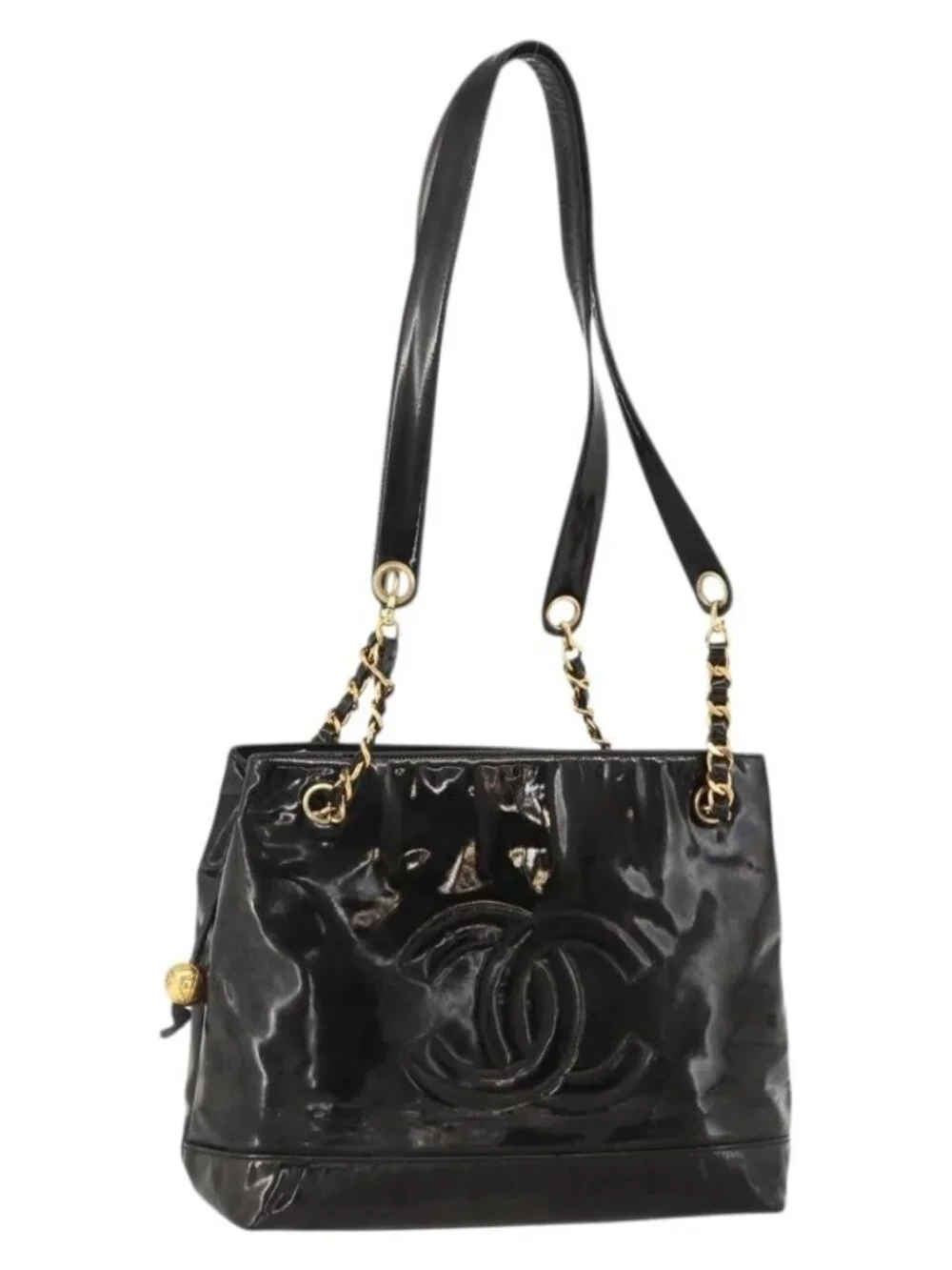 CHANEL Chain Tote Bag Patent Leather Black Gold CC Auth bs34313